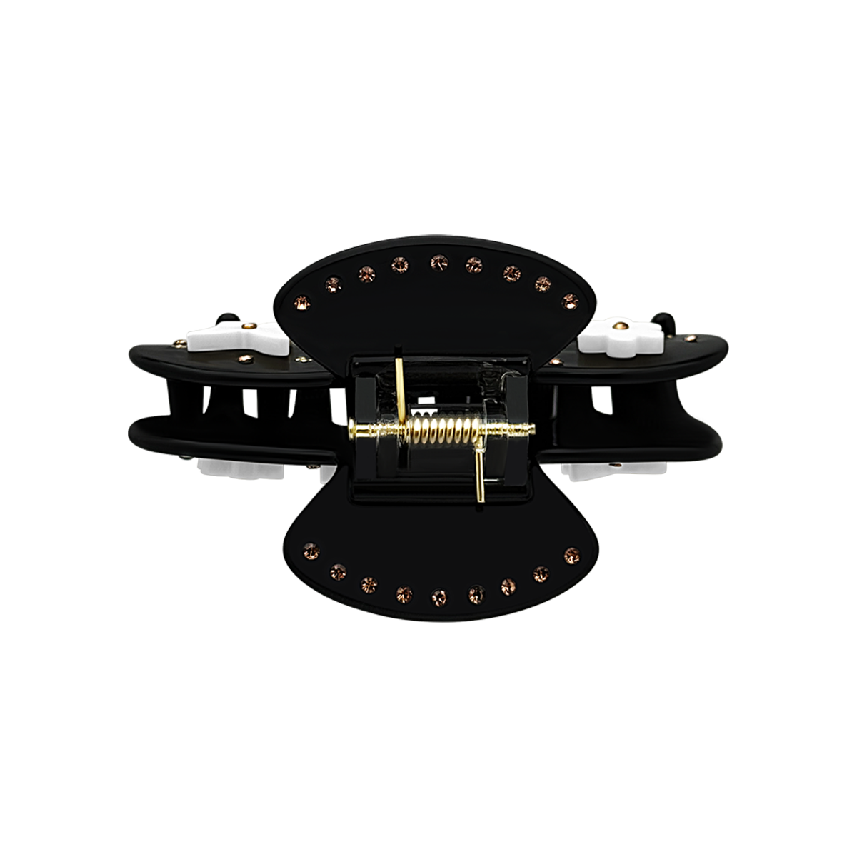 Top view of a black butterfly claw clip showing the spring and decorative details.