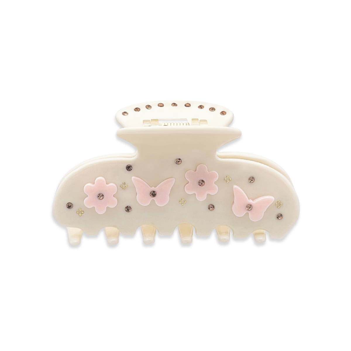 Front view of a beige claw clip with light pink flower graphics, light pink butterfly graphics, and small gold rhinestones on a white background.