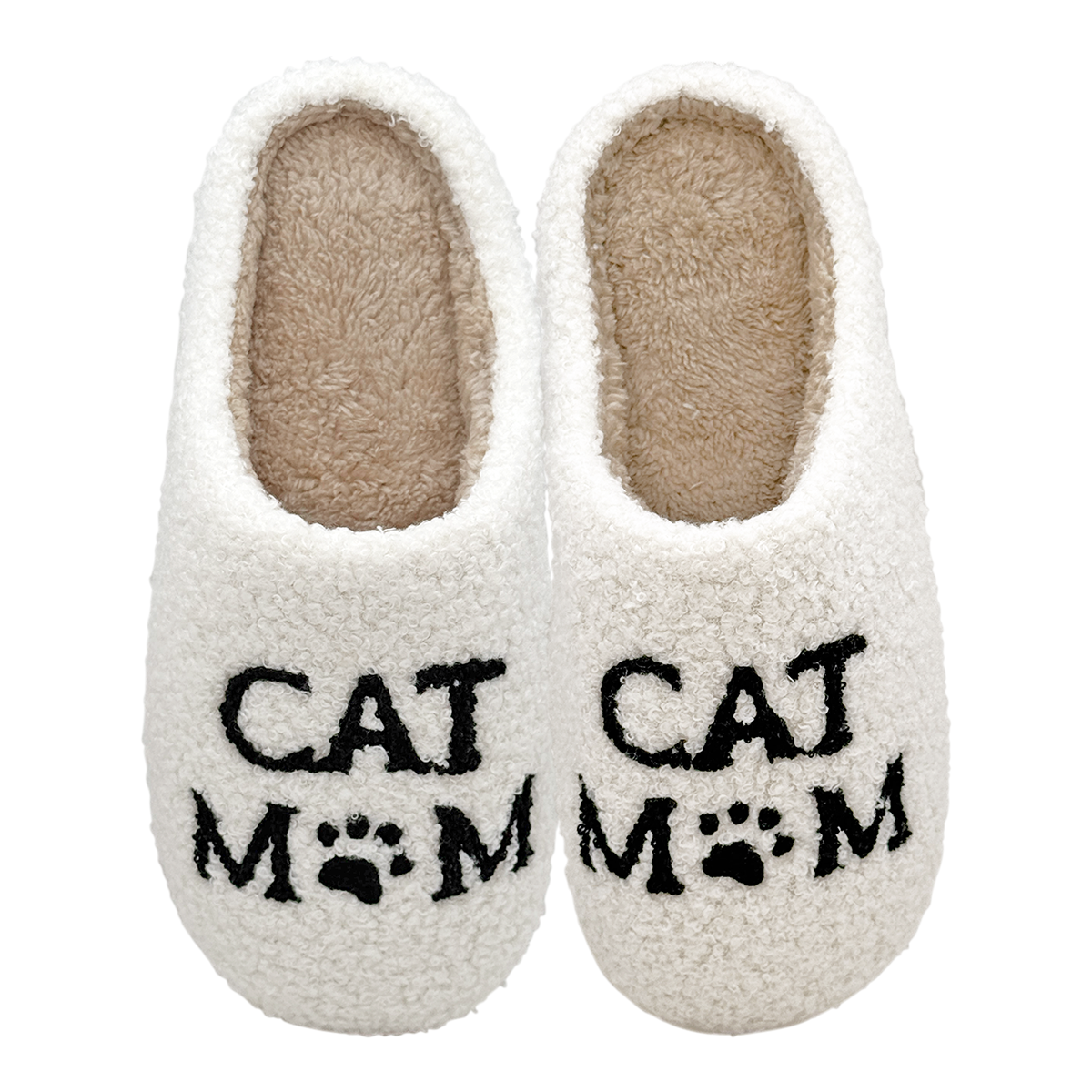 White slippers with 'CAT MOM' text and paw prints on a white background
