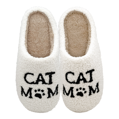 White slippers with 'CAT MOM' text and paw prints on a white background