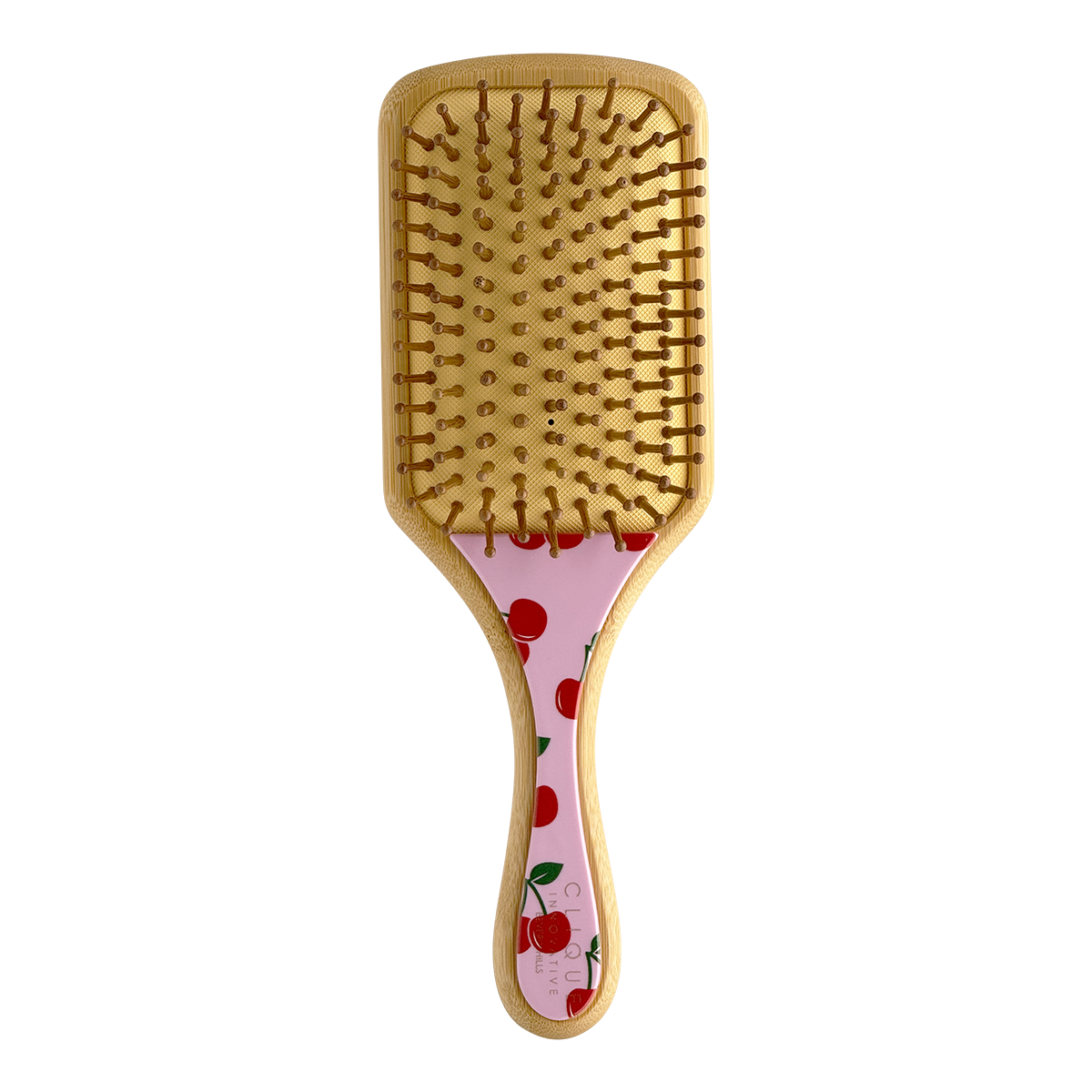 Back view of bamboo paddle hairbrush with bamboo bristles and pink cherries pattern on the handle.