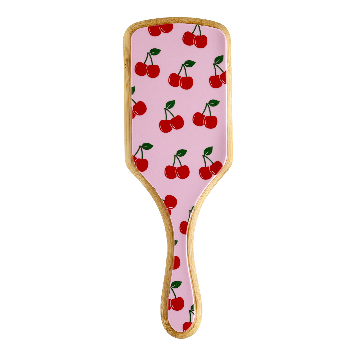 Bamboo paddle hairbrush with pink cherries pattern design