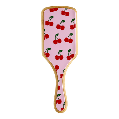 Bamboo paddle hairbrush with pink cherries pattern design