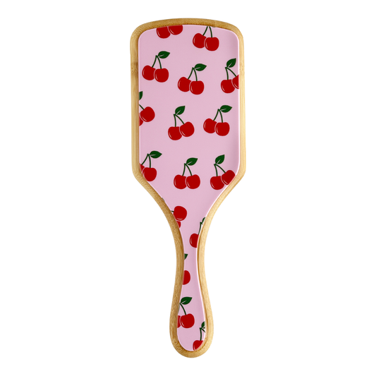 Bamboo paddle hairbrush with pink cherries pattern design