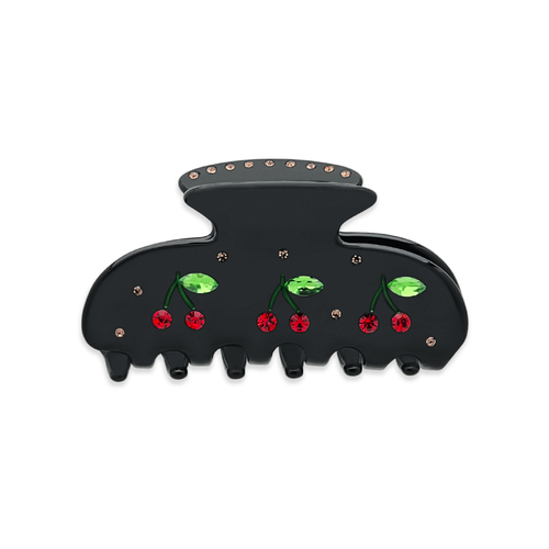 Front view of a black claw clip with red cherry graphics with red rhinestones, green leaf accents with green rhinestones, and small gold rhinestones throughout and on the top, on a white background.