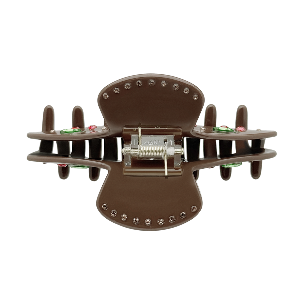Top view of a brown cherry claw clip showing the spring and rhinestone details