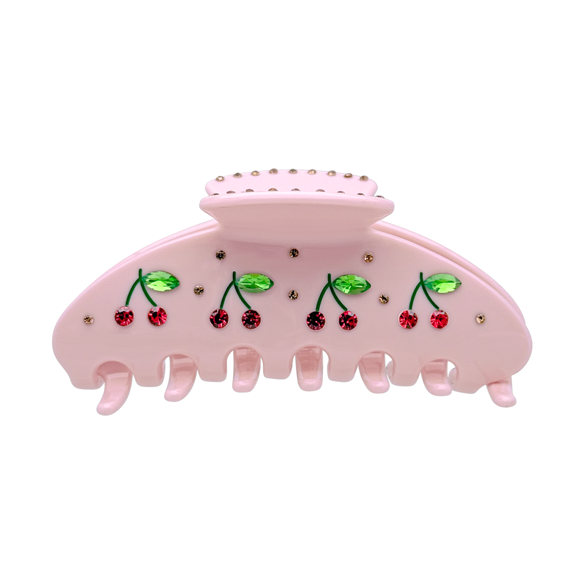 Front view of a pink claw clip with red cherry and green leaf rhinestone details