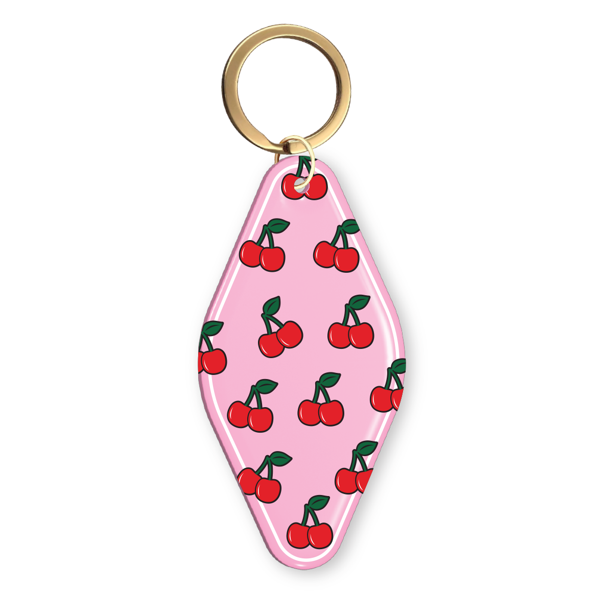 Pink motel-style keychain featuring a repeating cherry pattern with a gold key ring.