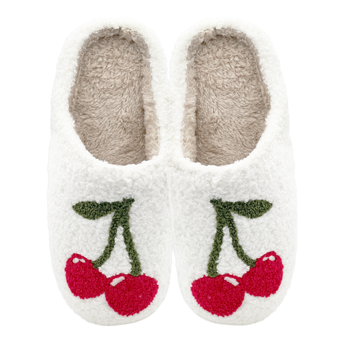 Pair of white slippers with cherry design on a white background