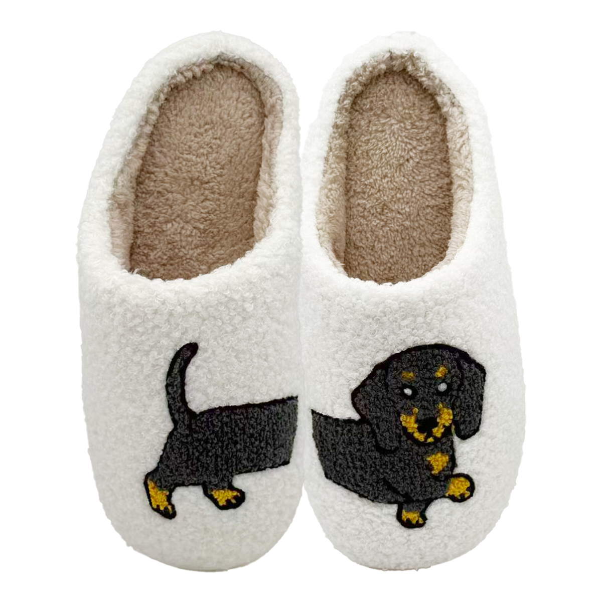 White slippers with dachshund design on a white background