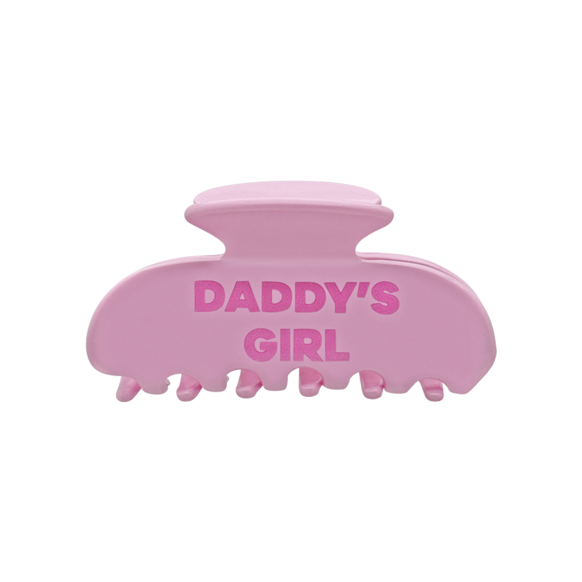 Front view of a pink claw clip with bold pink “DADDY’S GIRL” text on a white background.