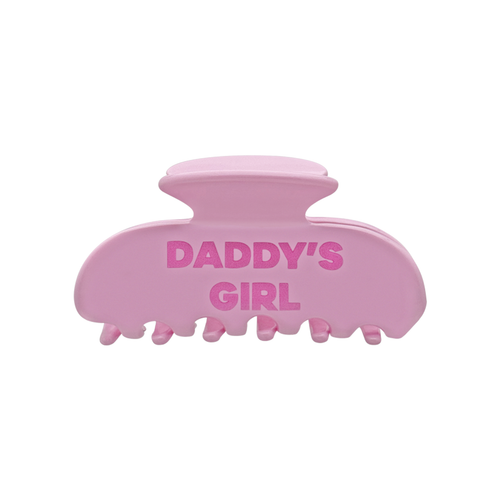 Front view of a pink claw clip with bold pink “DADDY’S GIRL” text on a white background.