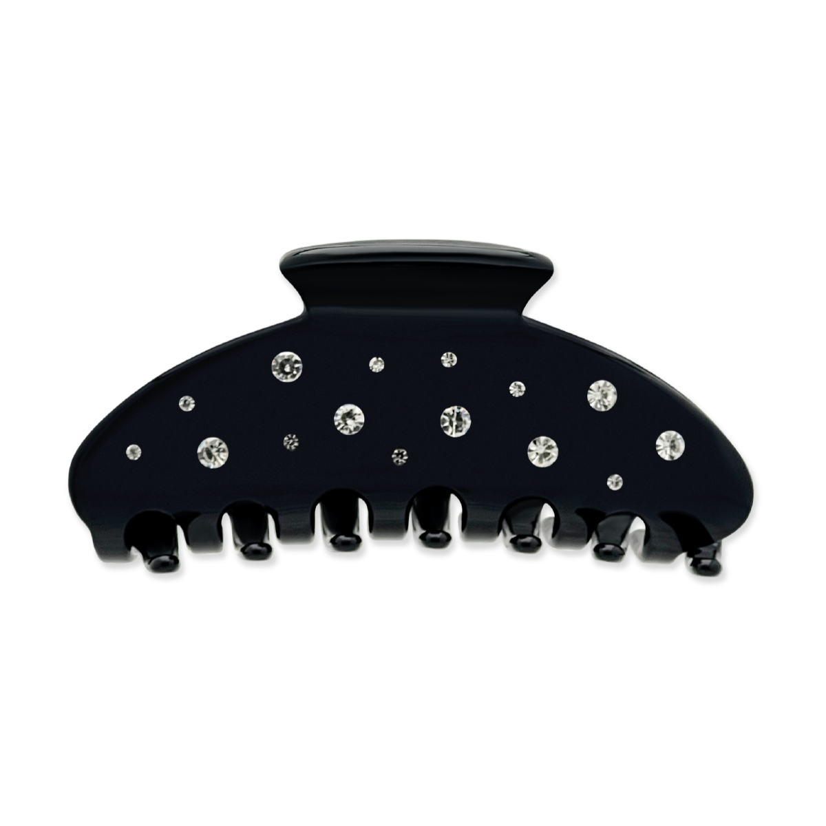 Front view of a black claw clip decorated with scattered silver rhinestones on a white background.