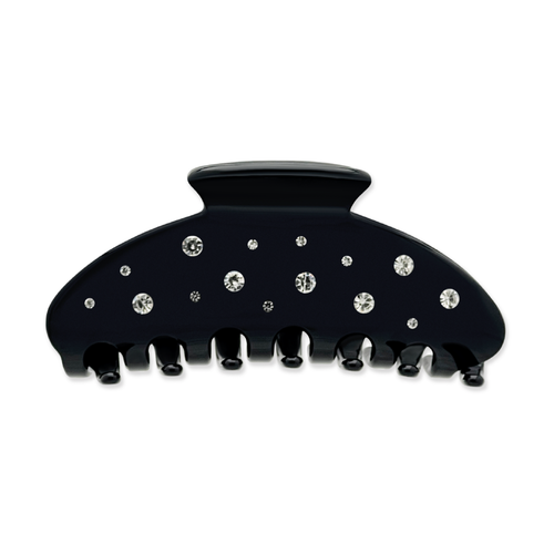 Front view of a black claw clip decorated with scattered silver rhinestones on a white background.