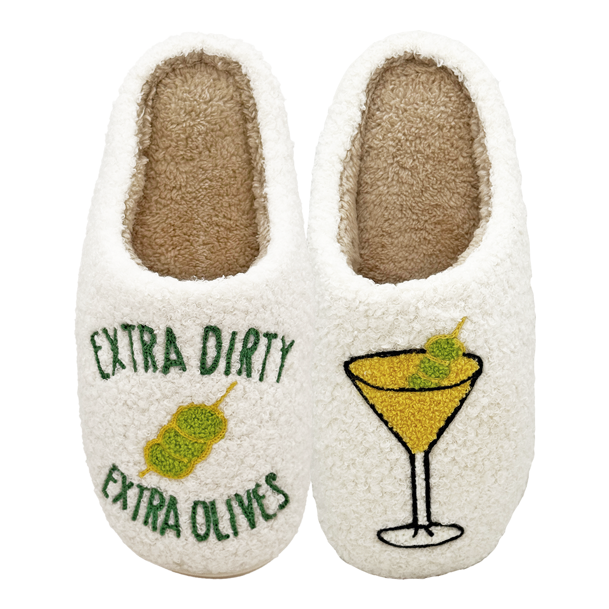 White fluffy slippers featuring a yellow martini glass with olives on one slipper and the text ‘EXTRA DIRTY’ and ‘EXTRA OLIVES’ with olive graphic on the other, on a white background.