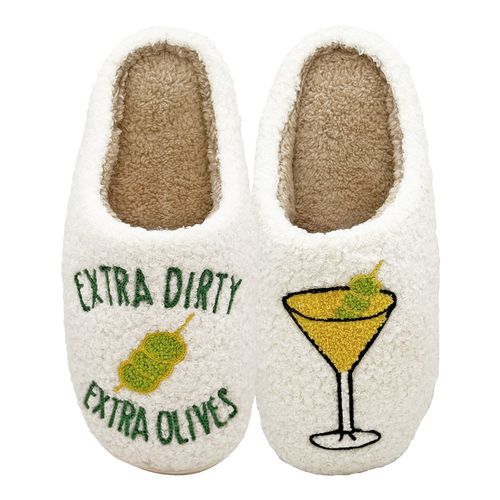 White fluffy slippers featuring a yellow martini glass with olives on one slipper and the text ‘EXTRA DIRTY’ and ‘EXTRA OLIVES’ with olive graphic on the other, on a white background.