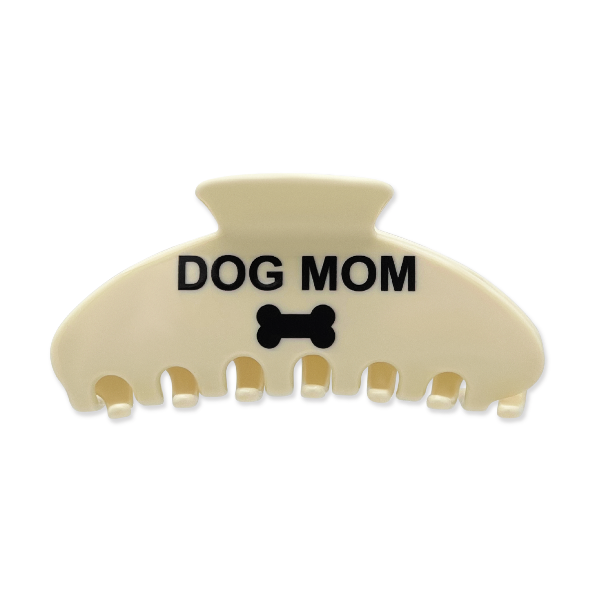 Front view of a beige claw clip with black “DOG MOM” text and a black bone icon on a white background.