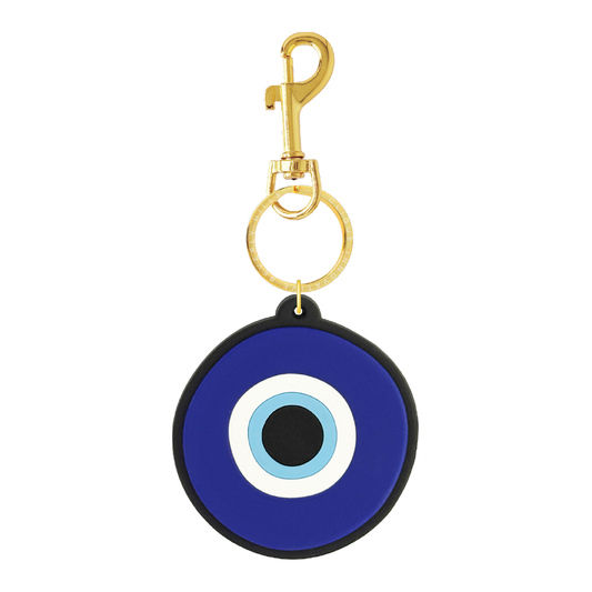 Dark blue evil eye bag charm with a gold clip and branded gold key ring from Clique Innovative Beverly Hills, shown on a white background.