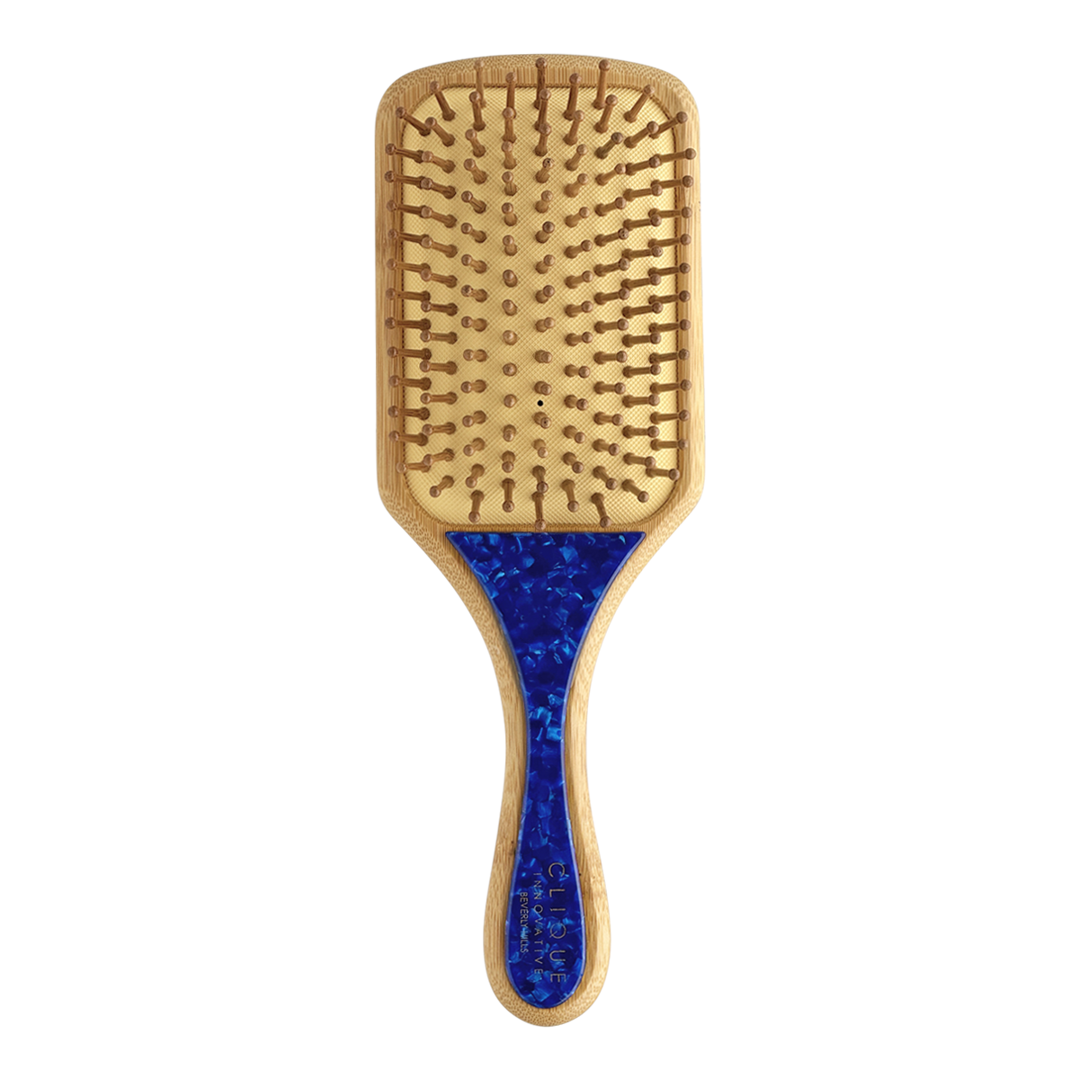 Back view of paddle hairbrush with bamboo body, bamboo bristles, and dark blue marble handle detail.