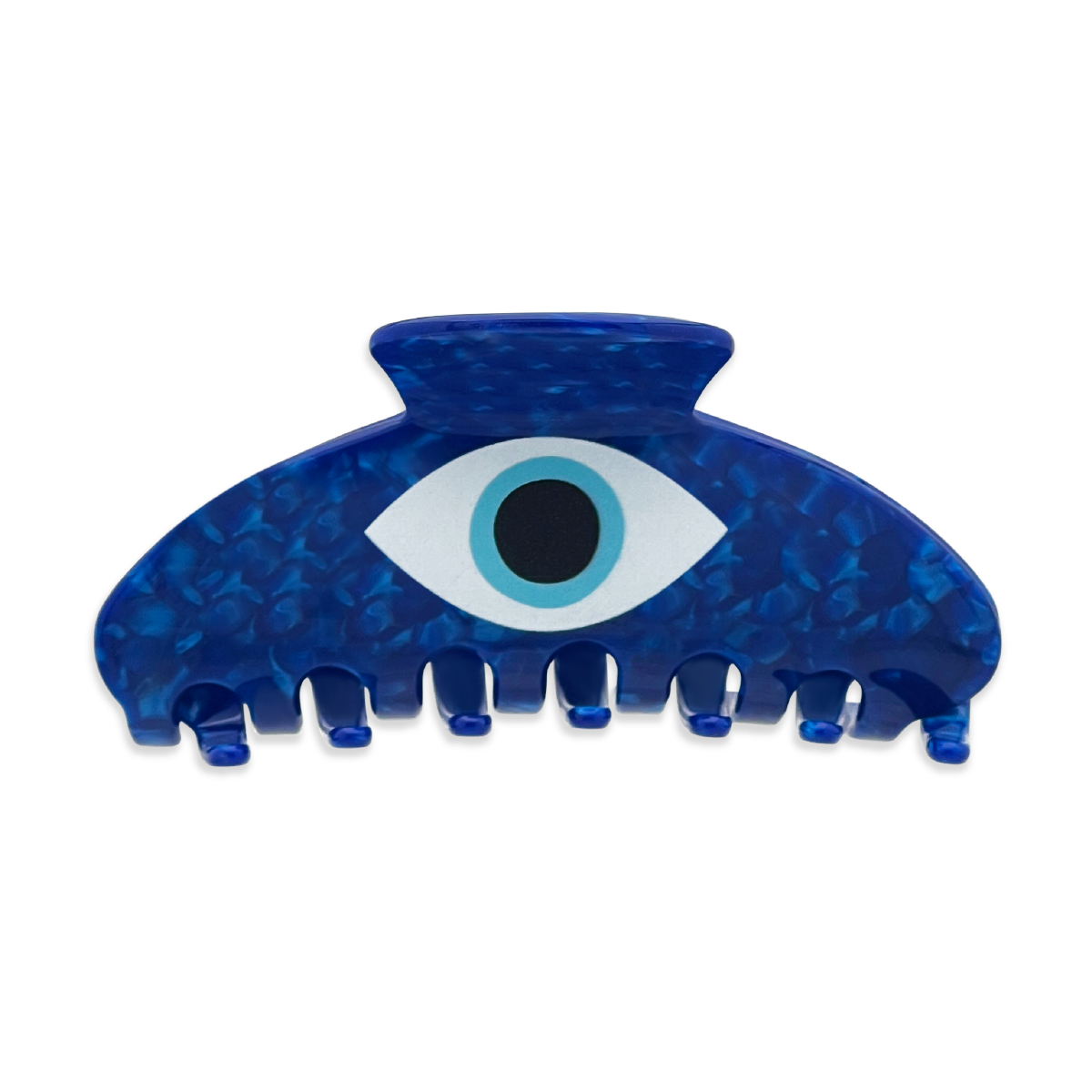 Front view of a dark blue marble claw clip featuring a large white and teal evil eye graphic centered on the front against a white background.