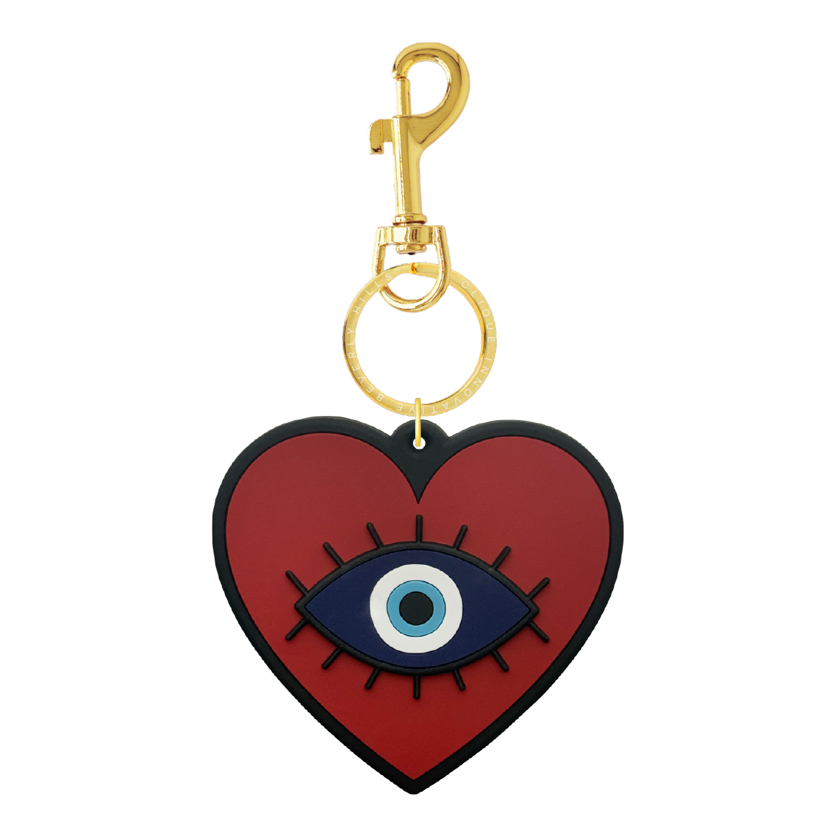 Red heart-shaped bag charm with colorful evil eye design and gold-tone hardware