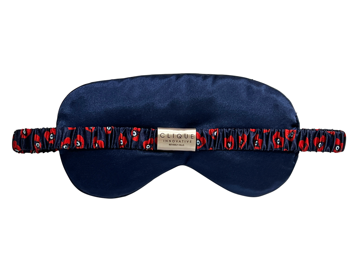 Back view of the Evil Eye Hearts satin eye mask showing the elastic strap.