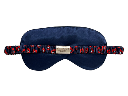 Back view of the Evil Eye Hearts satin eye mask showing the elastic strap.