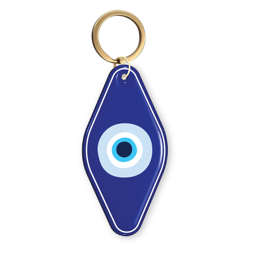Blue motel-style keychain with an evil eye design and gold keyring.
