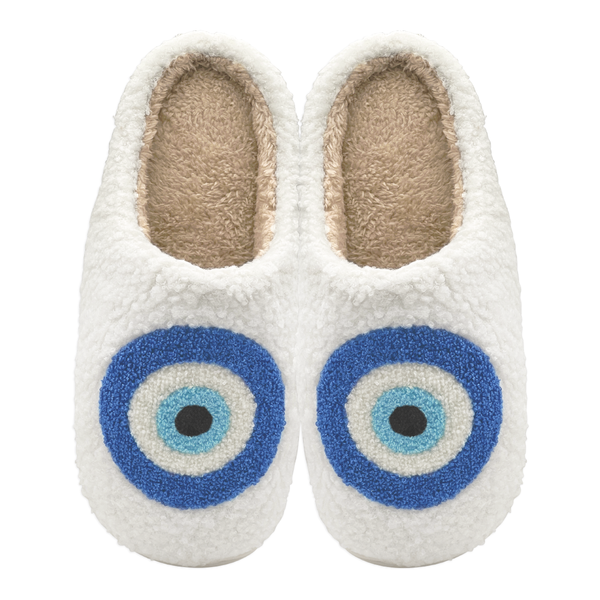 Pair of white slippers with blue evil eye design on a white background