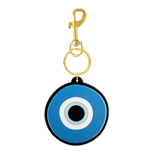 Turquoise blue evil eye bag charm with white and black details and gold-tone hardware