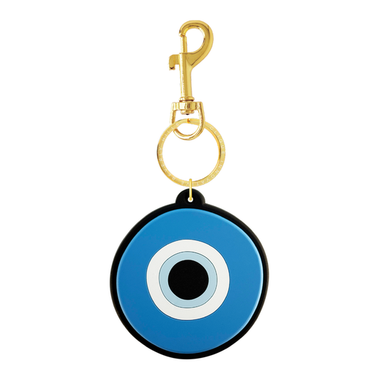 Turquoise blue evil eye bag charm with white and black details and gold-tone hardware