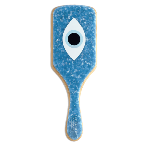 Top view of a blue evil eye paddle hairbrush with bamboo handle from Clique Innovative Beverly Hills.