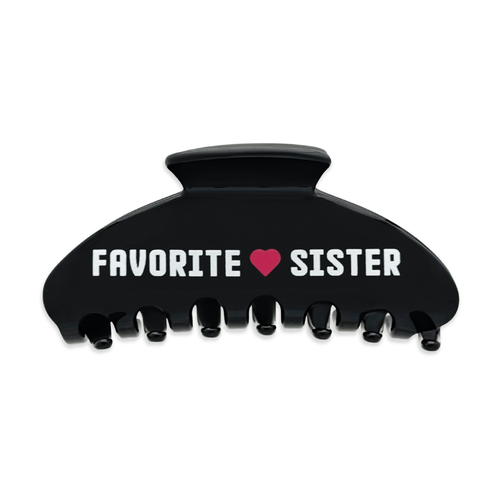 Front view of a black claw clip with the words “FAVORITE”, a pink heart-shaped icon, and “SISTER” printed across the front on a white background.