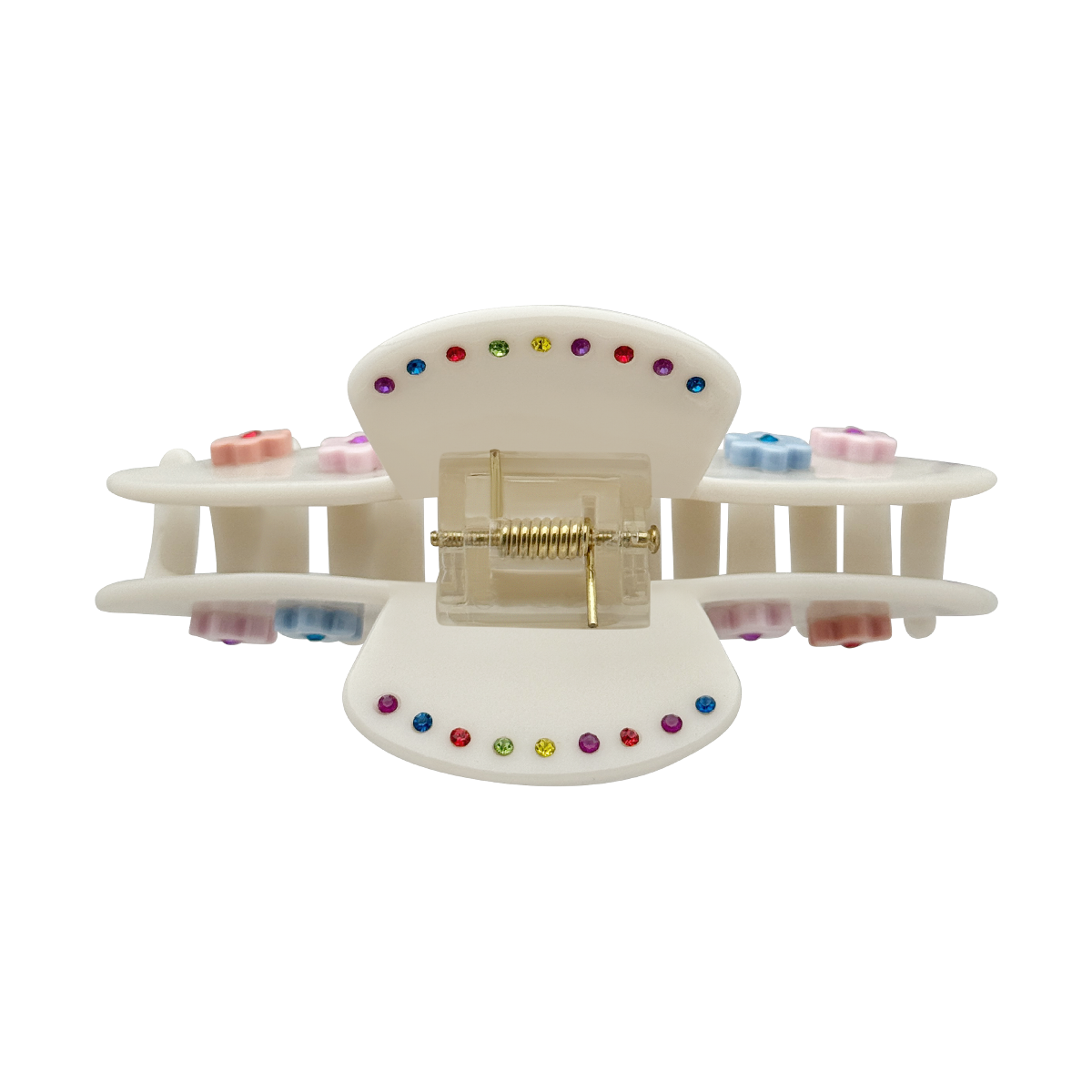 Top view of off-white claw clip with pastel flower accents, multicolor rhinestones, and gold spring hinge detail.