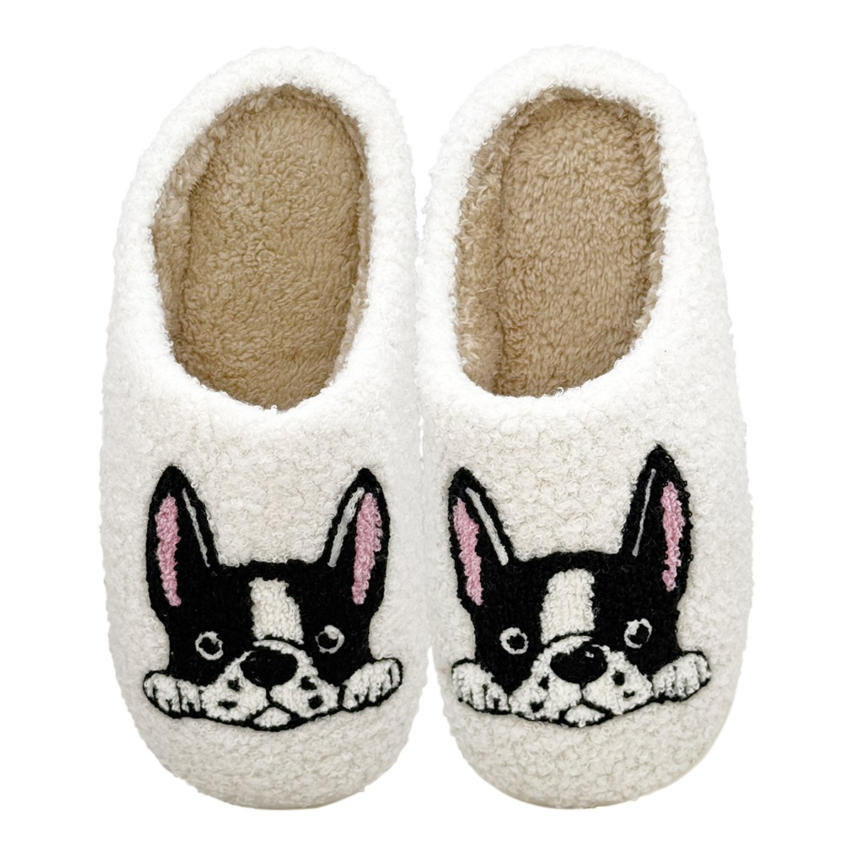 Pair of white slippers with embroidered black-and-white French bulldog faces on a white background.