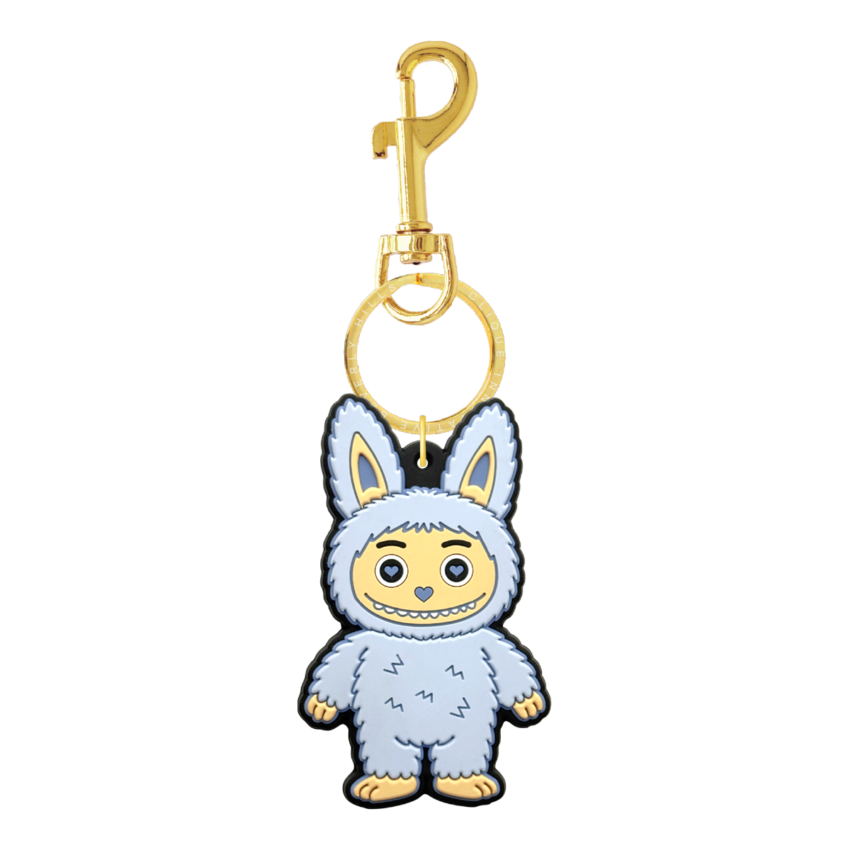Blue fuzzy bear bag charm with gold-tone hardware