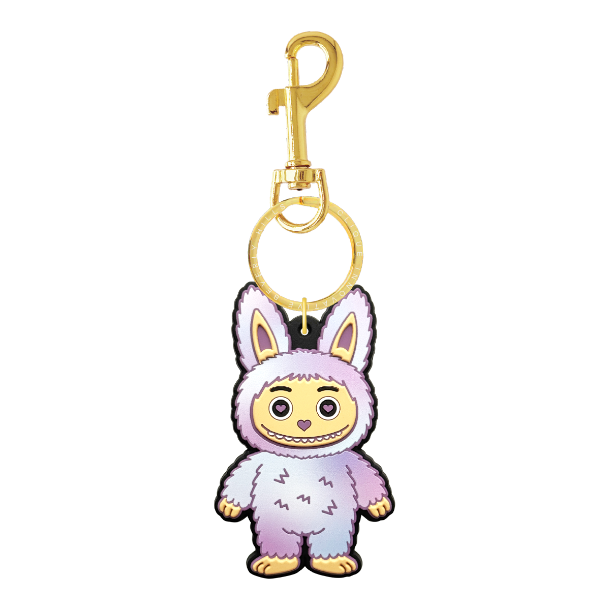 Blue and purple tie dye fuzzy bear bag charm with gold-tone hardware