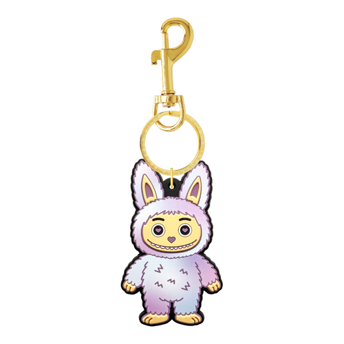 Blue and purple tie dye fuzzy bear bag charm with gold-tone hardware