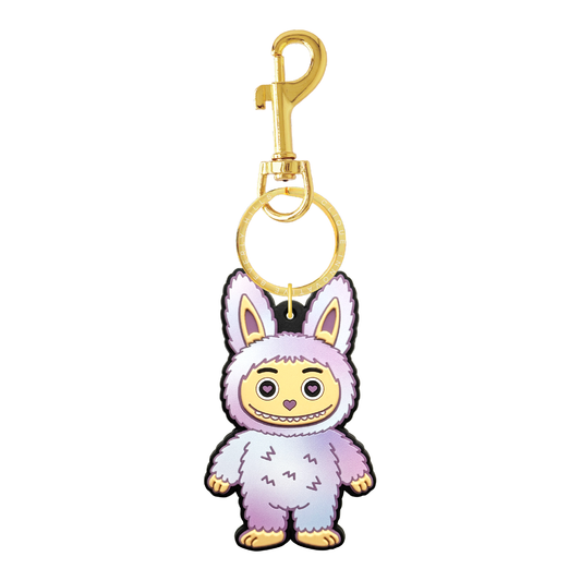 Blue and purple tie dye fuzzy bear bag charm with gold-tone hardware