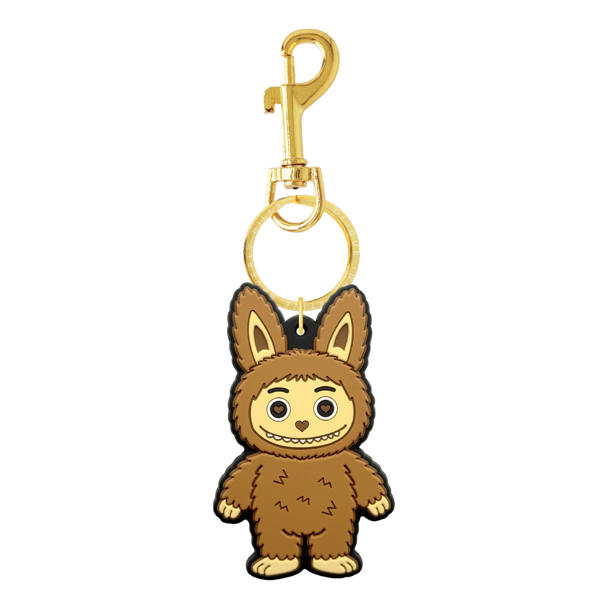 Brown fuzzy bear bag charm with gold-tone hardware