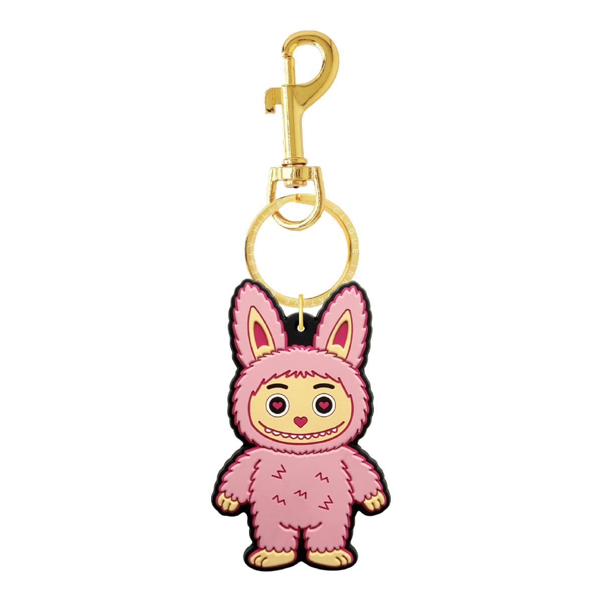 Pink fuzzy bear bag charm with gold-tone hardware