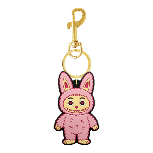 Pink fuzzy bear bag charm with gold-tone hardware