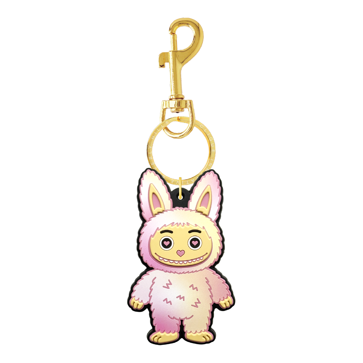 Pink and yellow tie dye fuzzy bear bag charm with gold-tone hardware