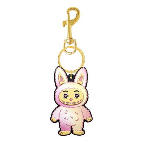 Pink and yellow tie dye fuzzy bear bag charm with gold-tone hardware