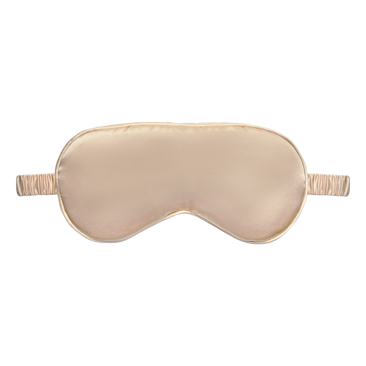 Front view of a gold satin sleep eye mask with an elastic ruched strap, shown on a white background.