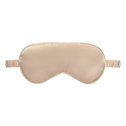 Front view of a gold satin sleep eye mask with an elastic ruched strap, shown on a white background.