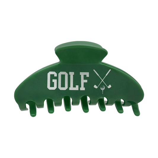 Front view of a green claw clip with the word “GOLF” and crossed golf club graphics printed on a white background.