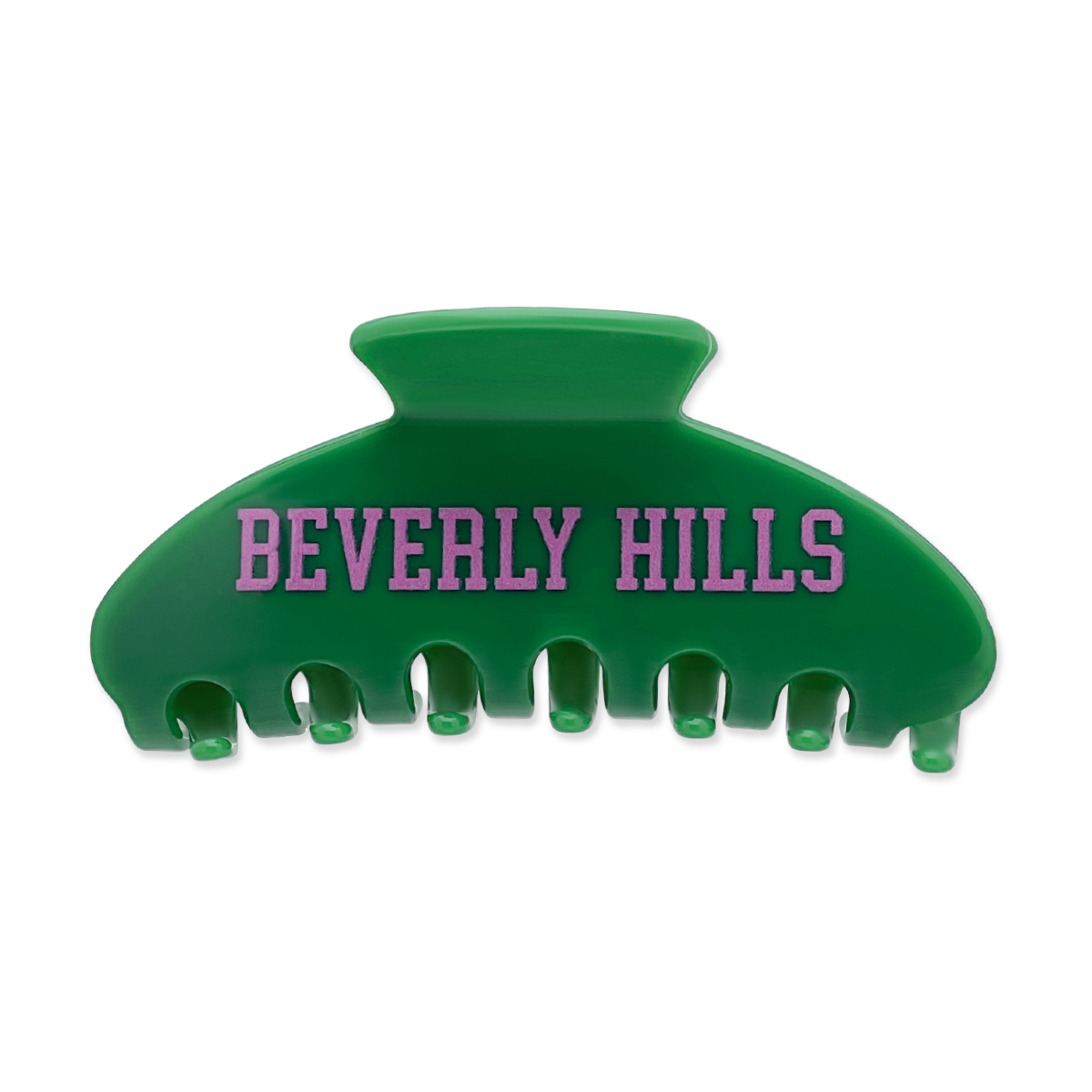 Green claw hair clip with pink “Beverly Hills” lettering on the front.