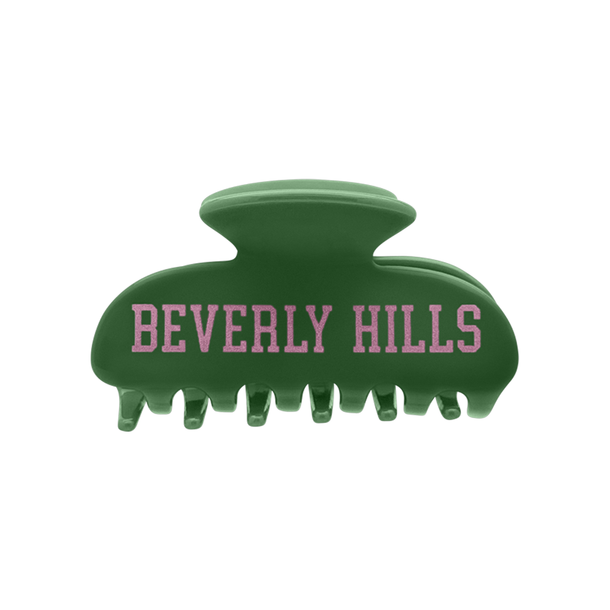 Green claw hair clip with pink “Beverly Hills” lettering on the front.