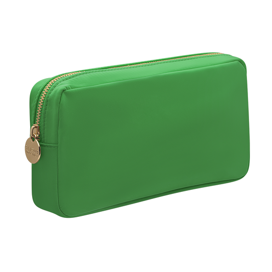 Green small cosmetic pouch with gold zipper and round gold zipper puller.